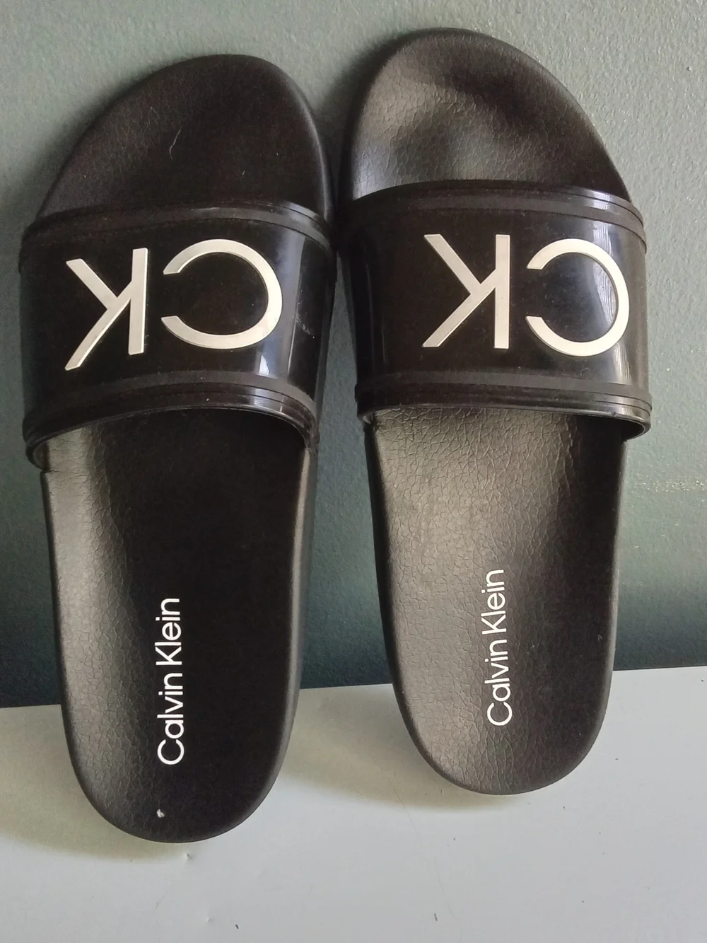 Calvin Klein Mens Black White CK Logo Slide Sandals Slip On Shoes‎